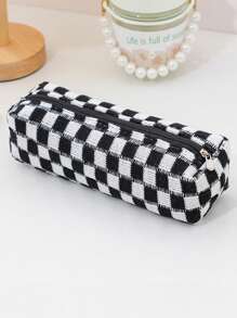 Students' Plush Knitted Checkered Pencil Case, Simple Storage Pouch, Cosmetic Bag, Back To School, School Supplies, Pencil Pouch, School Bag