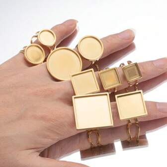 4pcs Stainless Steel Adjustable Ring Trays, Round/Square/Rectangular, 10-25mm Inner Diameter, Gold Color Gemstone Tray Bases For DIY Ring Jewelry Accessories