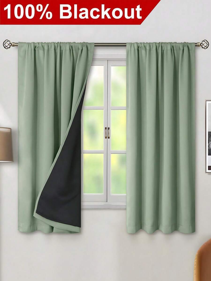 1pc Blackout Thermal Insulated Curtain Fabric - 99% UV Resistant Polyester, Rod Pocket Hanging, Non-Bleach Plain Weave, Bedroom Art Theme, Coated Blackout Thermal Insulation, Energy Saving, Noise Reducing - Ideal For Bedroom, Farmhouses And Schools For Deep Sleep - Green - View 1