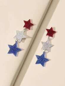 1 Pair Celebratory Star-Spangled Heart Pendant Earrings, Suitable For Women/Girls As Cheerleading, Sports Events Or 4th Of July Accessories - Multicolor - View 1