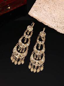1 Pair Multilayered Earrings For Women, With Hollow Carving And Tassel Pendant Decor, Moroccan Jewelry Accessories
