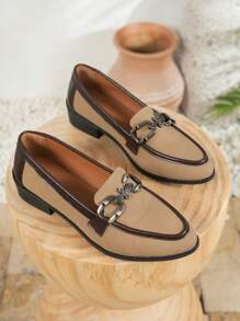 2025 Round Toe Deep Mouth Metal Buckle Flat Loafers For Women, Contrast Color British Style Versatile
