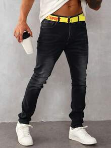 Pantalones vaqueros ajustados para hombre de color negro lavado, tela transpirable y cómoda, ideales para estilos casuales urbanos - Negro - Ver 1