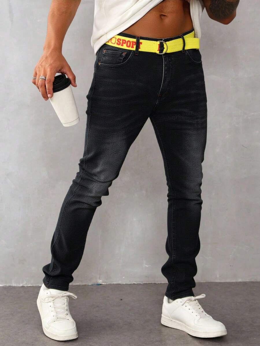 Pantalones vaqueros ajustados para hombre de color negro lavado, tela transpirable y cómoda, ideales para estilos casuales urbanos - Negro - Ver 1