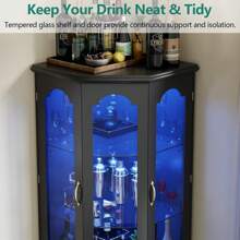 Corner Bar Cabinet W/LED Lights, Tall Modern Wine Cabinet With Tempered Glass Door & Adjustable Shelves, Home Bar Liquor Storage Cabinet With Glass Rack For Living Room, Dining Room (Black)
