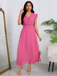 Elegante Vestido Largo Para Mujer Bordado Calado Con Mangas De Hojas De Loto,Vestido Unicolor De Empalme De Encaje Con Cuello En V Y Hueco De Talle Alto - Rosa Fucsia - Ver 4