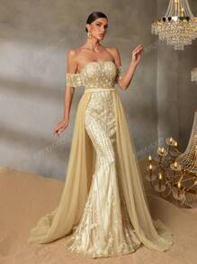 Faeriesty Faeriesty Elegant Off-Shoulder Evening Gown With Adjustable Back Tie Closure, Sheer Tulle Extensions & Dramatic Mermaid Silhouette - Perfect For Red Carpet Galas, Black-Tie Weddings, Opera Performances, Gala Dinners, High-Profile Charity Events