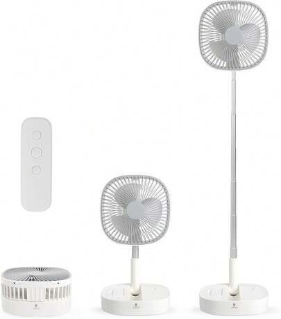 Ventilador de Base Portátil - Ventilador de Pie Plegable, Ventilador de Escritorio Plegable, Utiliza Batería Recargable de 7200mAh, Control Remoto, Ventilador Silencioso de 4 Velocidades con Temporizador, para Hogar, Cocina, Camping al Aire Libre (Gris)