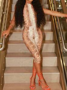 Budhaul 女款数码印花无袖露背吊带连体裤 - 棕色印花 - 查看 8