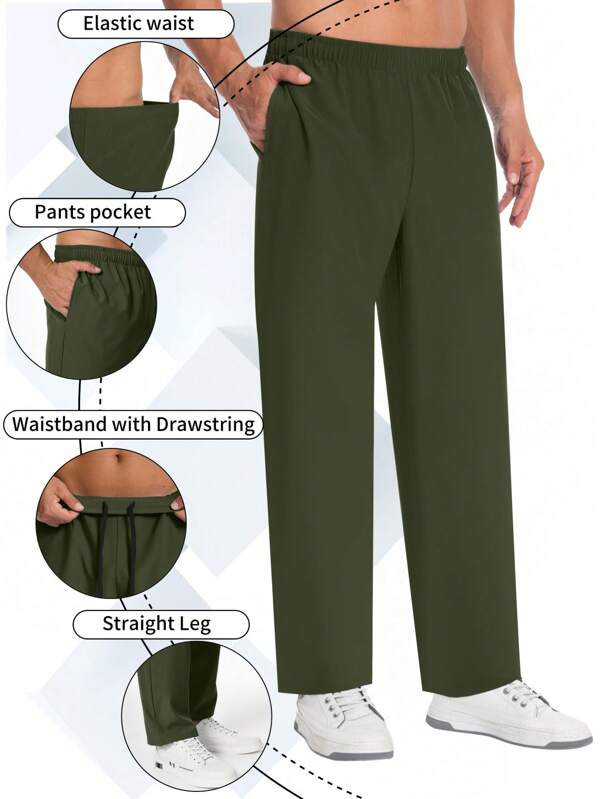 Men's Solid Drawstring Elastic Waist Jogger Pants, Elastic Casual Work & Sports Trousers With Pockets, Quick Dry