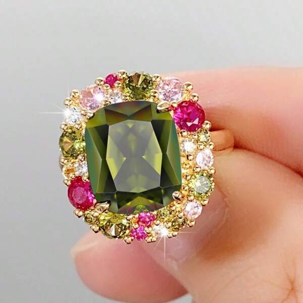 1pc 18K Gold Plated Elegant Style Square Colorful Zirconia Rings For Women Golden-Tone Copper Accessories Women Daily Versatile Jewelry