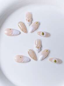 10 piezas de uñas postizas con forma de almendra decoradas con polvo de espejo dorado francés, olas de agua azules, espirales azules y amarillas, y cristales, adecuadas para cualquier ocasión, de rápida colocación, para mujeres y niñas, de moda lujosa y exquisita de alta gama y desmontables