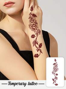 情人节海娜临时纹身贴纸，防水防汗，红玫瑰，海娜藤蔓，色彩鲜艳时尚的美甲假纹身，花卉假纹身 - 临时纹身 - 适合生日、婚礼、派对装饰，持续 3-5 天。 - 紅色 - 查看 5