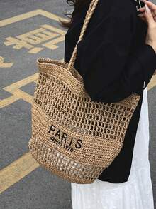 New Embroidery Letter Hollow Straw Handbag, Women Large Capacity Handmade Woven Shoulder Bag, Water Bucket Basket Tote Bag - Khaki - View 3