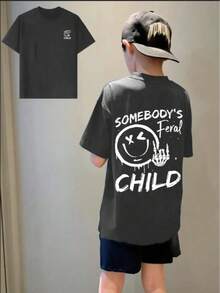 Tween Boy Casual Funny Print Crew Neck Short Sleeve T-Shirt Top, Summer - Dark Grey - View 1