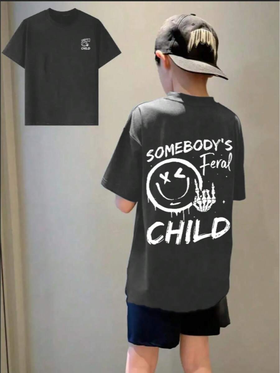 Tween Boy Casual Funny Print Crew Neck Short Sleeve T-Shirt Top, Summer - Dark Grey - View 1