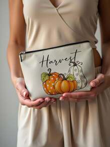 1pc Autumn Pumpkin Maple Leaf & Polka Dot Letter Pattern Linen Cosmetic Bag, Cute Travel Makeup Pouch & Multifunctional Coin Purse, Lightweight Women Essential Gift