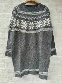 Plus Size Geometric Pattern Knitted Sweater, Round Neck Casual Plus Size Women Pullover, European Style, Autumn/Winter