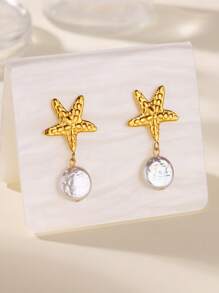 1 par de pendientes colgantes de acero inoxidable con forma de estrella de mar y concha para mujeres, con colgante de perla falsa, joyería de estética de verano para mujer