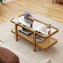 Giantex Rattan Coffee Table 47.5" Rectangle Solid Wood With Tempered Glass Top And PE Rattan Storage Shelf Boho Farmhouse Design