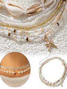 Set de 6 cadenas de cintura de metal con cuentas de turquesa vintage de estilo bohemio para mujeres de talla grande, decoradas con conchas de estrella de mar, estilo marino orgánico para verano y playa, accesorio de joyería para mujeres y niñas que puede combinarse con pantalones o faldas, ideal para San Valentín, Halloween y vacaciones