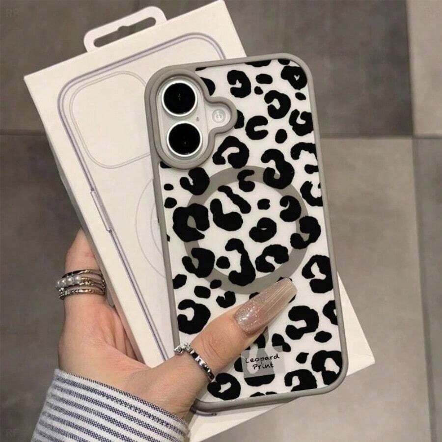 Estuche para teléfono 1 estuche para teléfono móvil con estampado transparente magnético con estampado de leopardo blanco y negro, adecuado para estuche para teléfono 16 15 14 13 12 11 Pro Max Admite carga inalámbrica, uso de material acrílico avanzado, unisex. - Gris Claro - Ver 1