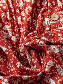 女士花卉印花荷叶边纽扣领衬衫，度假装 - 紅色 - 查看 4