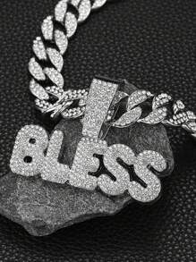 1pc Punk Rock Cuban Link Necklace For Men & Women - Shiny BLESS Pendant With Rhinestone Accents, Golden-Tone Chain, Unisex Hip Hop Jewelry Gift For Birthday, Mother's Day, Father's Day