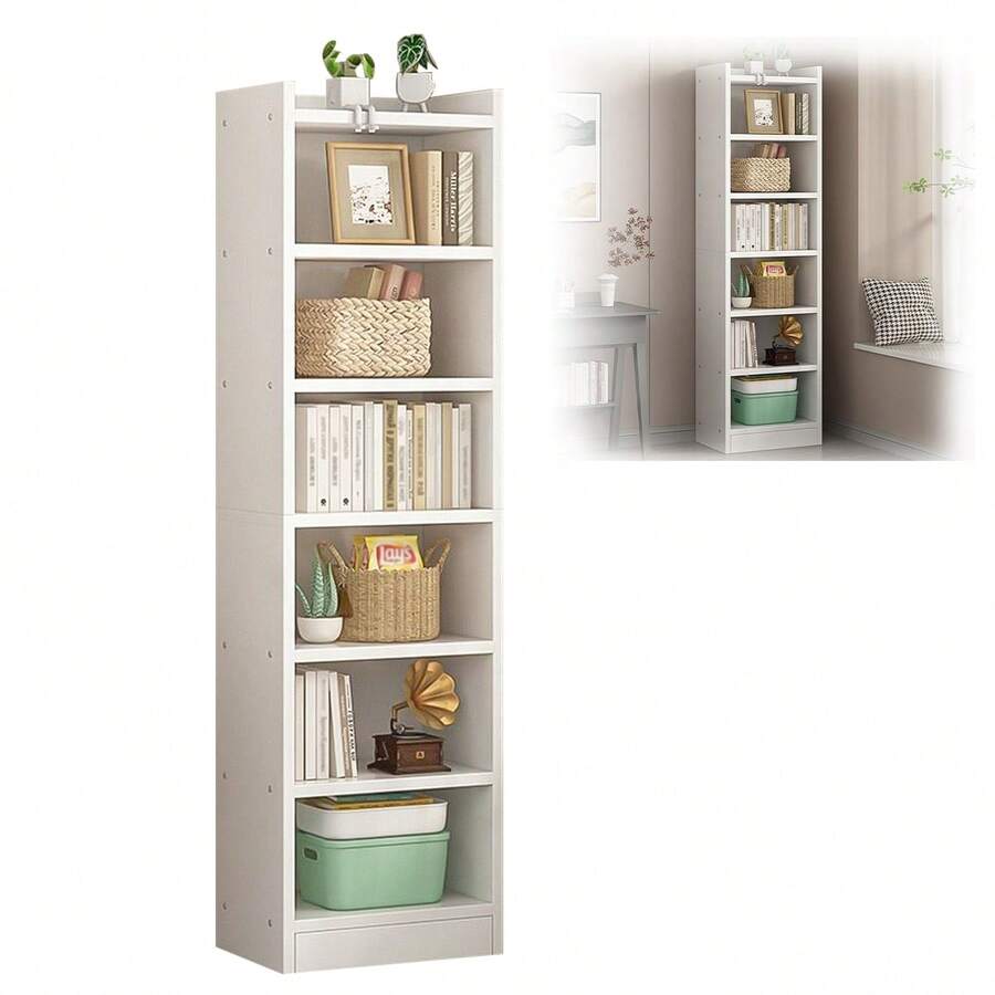 Estantería alta y estrecha, mueble alto y estrecho de 6 niveles, estantería angosta blanco, estantería alta y estrecha independiente para espacios pequeños