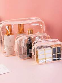 1 pieza Bolsa de cosméticos portátil de PVC, bolsa de aseo transparente, organizador de viaje para niñas, impermeable, almacenamiento, baño, almacenamiento de pañales (color/estilo aleatorio)
