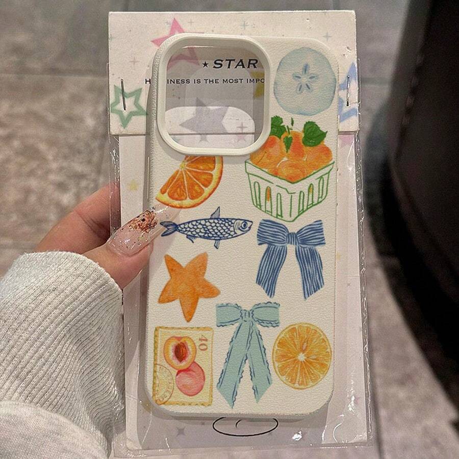1pc TPU Material Cute Bow & Orange Pattern Phone Case Compatible With Apple/ Phones - White - View 1