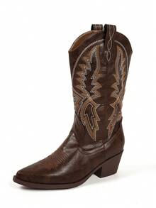 复古刺绣舒适西部靴，新款套脚防滑尖头粗跟靴，春秋季百搭休闲风，牛仔靴，女牛仔靴，科切拉音乐节 - 咖啡色 - 查看 6