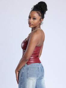 Steph T Women's Burgundy Leather Ruched Asymmetric Hem Tube Top, Fashionable Party Outfit For New Year & Valentine's, Going Out Wear - Burgundy - View 4