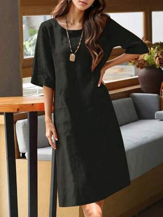 女式春夏季纯色亚麻连衣裙 - 舒适休闲宽松中长/短款/及膝裙，带口袋，时尚优雅百搭，适合居家和社交聚会