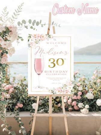 1pc- Custom Pink Floral Birthday Poster, Custom Frameless Birthday Welcome Sign, Personalized Floral Welcome Birthday Poster, Blush Pink Rose, Birthday Welcome Sign Printing, Personalized Drawing Board, Outdoor Poster,Art Activities For Children