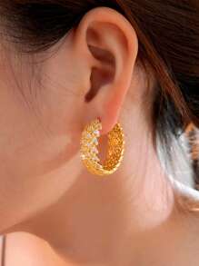 1 Pair Dubai Yellow Gold Plated Big Round Micro Pave CZ Heart Tennis Hoop Earrings, Women Silver Plated Cubic Zirconia Jewelry Accessories For Brides, Engagement, Wedding, Banquet, Party, Or Mother's Christmas Gift