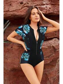 GRACE KARIN Women's Swimwear Rash Guard Short Sleeves Zip Front Round Neck One Piece Bathing Suit - Blue - View 3