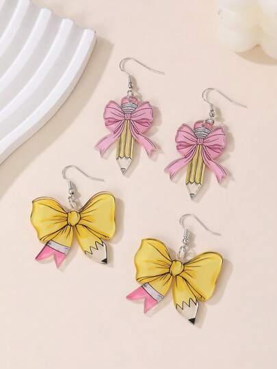 2 件/4 件女孩蝴蝶结铅笔耳钉耳环套装，返校装饰配件