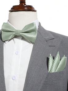 1 Set/1pc Men's Fashion Solid Striped Mint Green Necktie, Bow Tie, Pocket Square 3-Piece Set, Ideal For Weddings, Ceremonies, Formal Occasions, Parties, Gifting,Festival,Graduation Gift - A - View 3