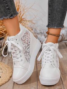Women Hidden Heel Mesh High Top Sneakers, White Lace Up Round Toe Casual Sports Shoes, Spring/Autumn