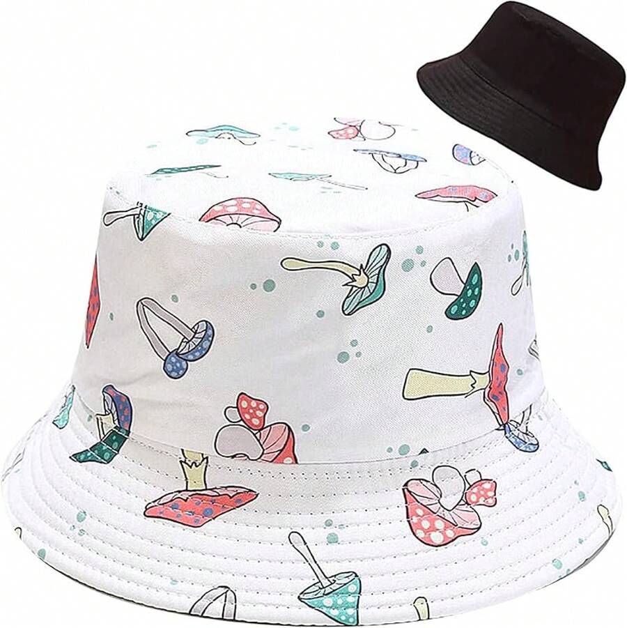 Reversible Bucket Hat For Women, Cute Beach Fisherman Style - Mushroom White - View 1