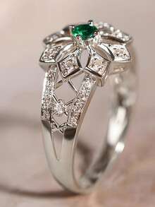 1pc Vintage Hollow Inlaid Synthetic Round Emerald Flower Ring, Suitable For Women's Daily Wear, Wedding, Party, Engagement And Anniversary Gifts - Silver - View 3