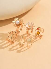 6pcs/Set Vintage Coin Adjustable Rings Set, Fashion Drip Glaze Floral With Faux Pearl Decoration, Women Jewelry Accessories Suitable For Daily Wear, Dates, Parties, Travel And Photo Taking