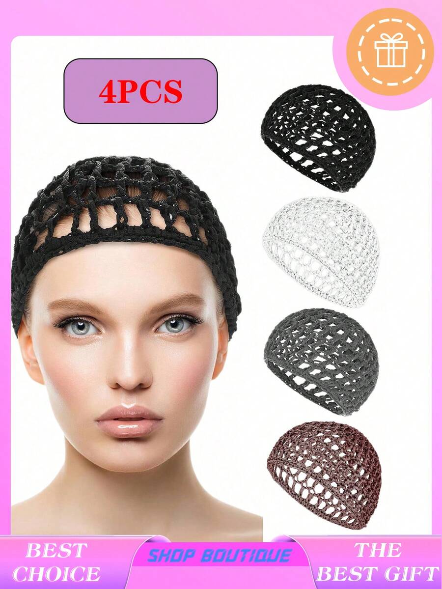 1 pezzo/4 pezzi Cuffie per capelli, cuffie per dormire, cuffie a rete, involucri, cappellini per parrucche lunghe, dritte, ricciolute, protezione per la testa in rete nera, cappelli da cuoco a treccia, cinturini per chignon, per donne, cuffia per dormire - Multicolore - Visualizzare 1