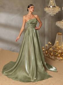 Faeriesty Faeriesty Elegant Strapless Evening Gown With Back Tie Closure & High-Slit Skirt – Elegant Formal Dress For Red Carpet Events, Gala Dinners, Wedding Receptions, Black-Tie Galas, And Grand Celebrations