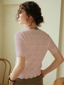 Knit Mix 优雅女士衬衫，独特蕾丝边饰圆领镂空短袖修身T恤，适合娇小身材，纯色，休闲/工作皆宜，春夏上衣，柔和复古奶油色，返校春夏装，也适合圣诞节、感恩节和新年等休闲场合。 - 藕粉色 - 查看 2