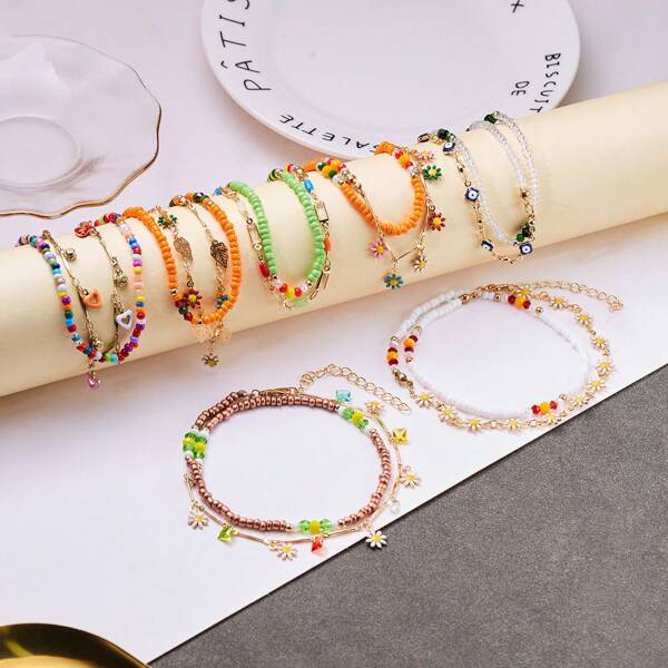 Summer Beach Anklet Personalized Dripping Oil Tassel Flower Daisy And Rice Bead Double Layer Beaded Anklet