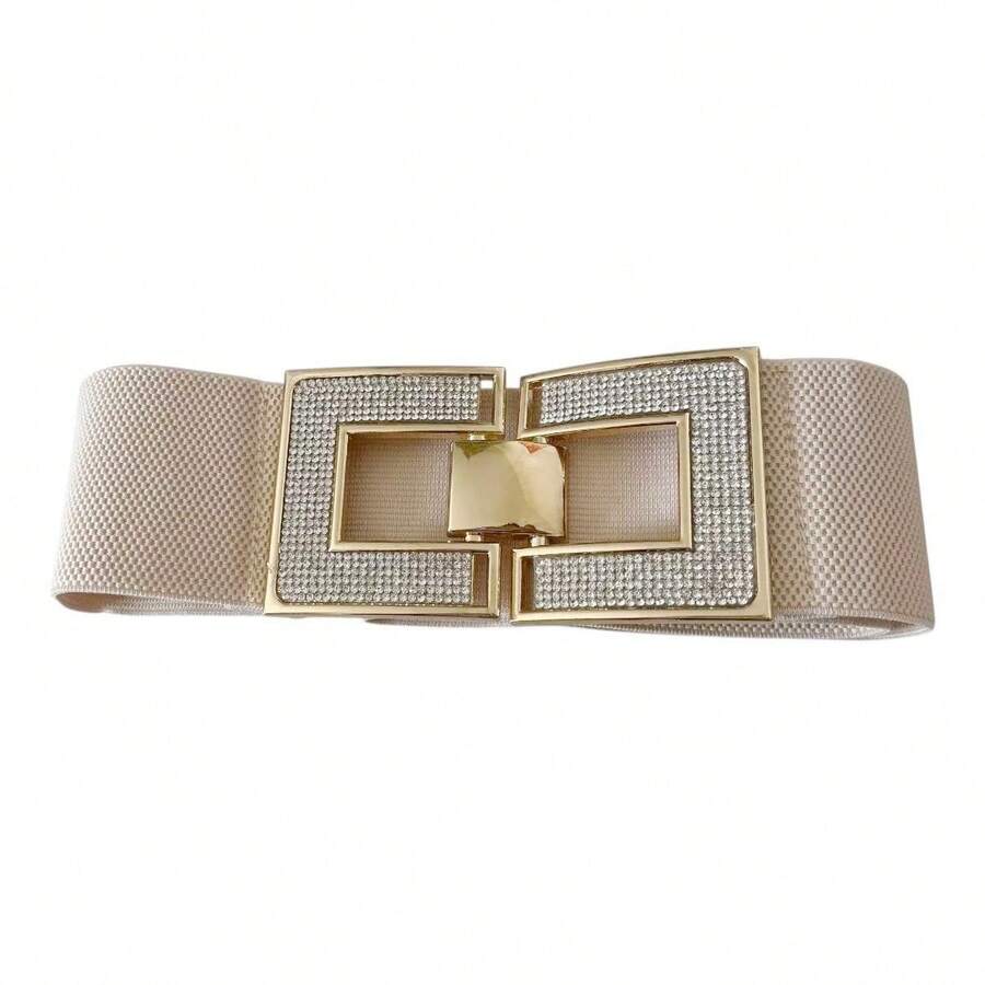 Women's Black Elastic Belt With Shiny Masonry - 咖啡 - 查看 1