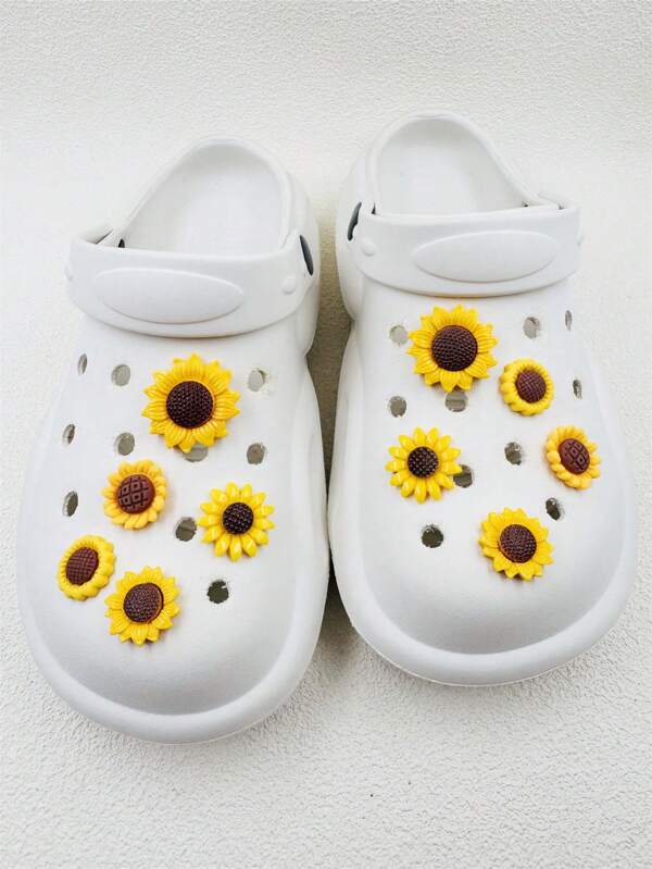 10pcs Set Cartoon Sunflower Resin Flower Decor For Wood Bottom Shoes & Sandals, Durable And Adorable Whimsical Design, Perfect For Girls Party Gift, DIY Shoe Decoration