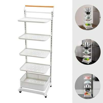 5-Tier Adjustable Kitchen Pot Organizer With Wheels For Efficient Storage And Easy Access, Modern Design In White, Perfect For Pots, Pans, Fruits, And Vegetables